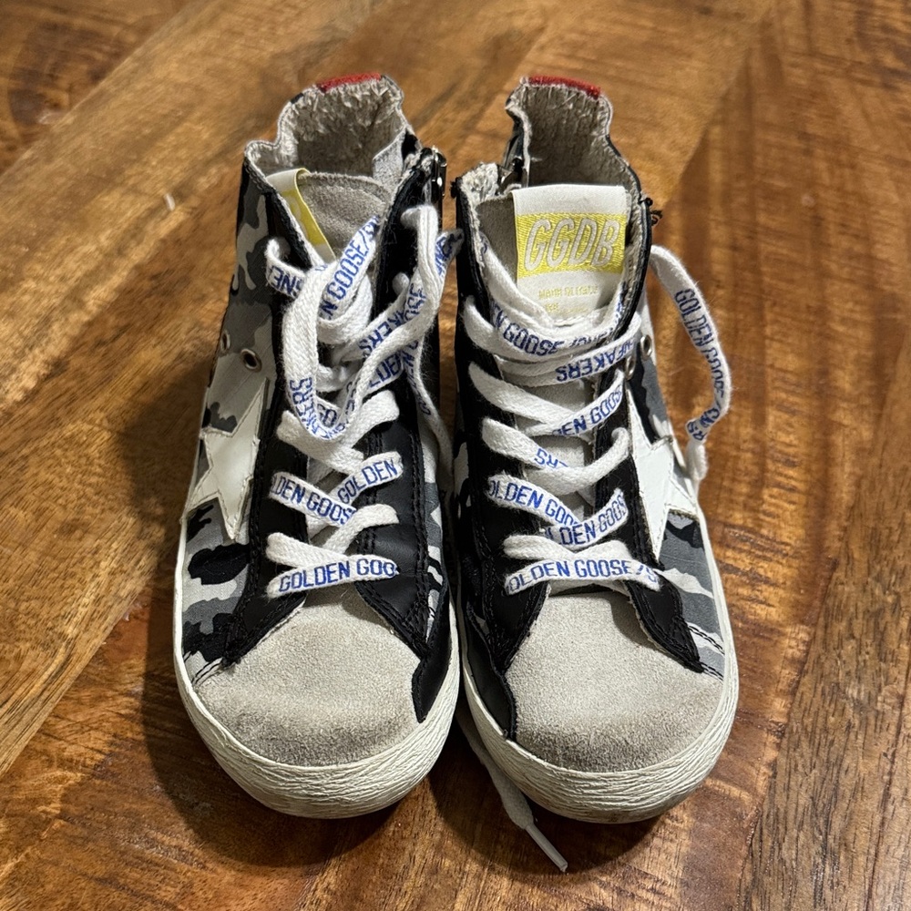 Golden Goose Kids Camo High-Top Sneakers in Black, Gray, White, Yellow